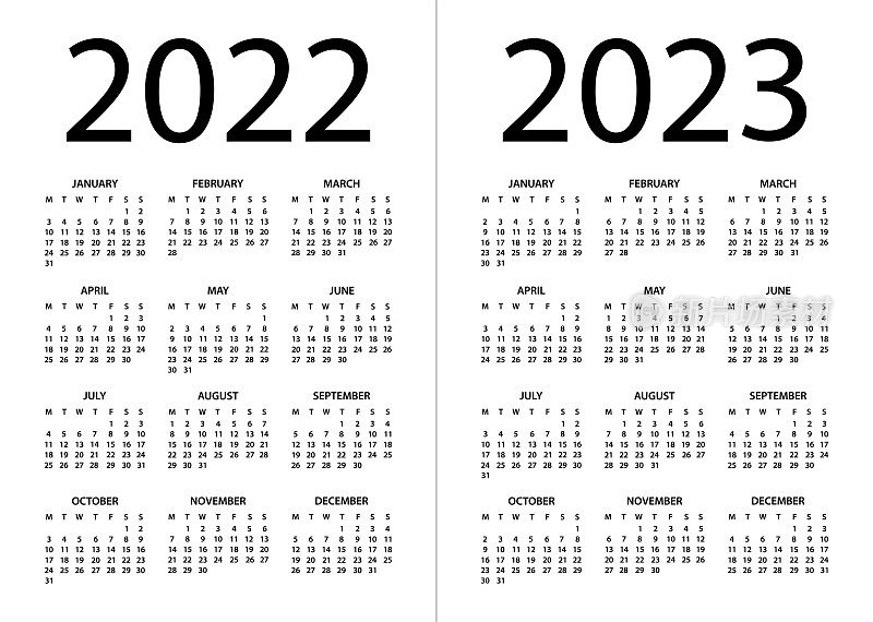 日历2022年2023 -矢量插图。一周从周一开始